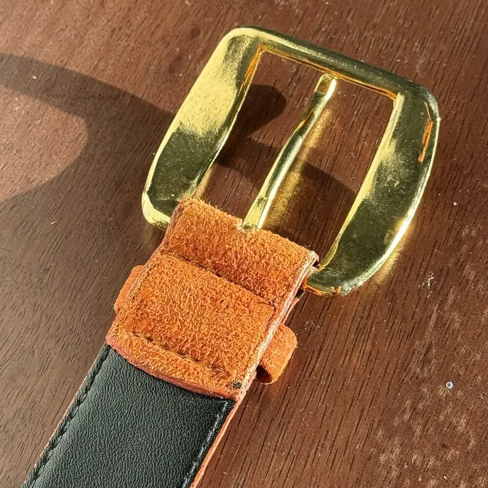 Genuine Leather Suede Belt Cognac Brown Gold Tone Buckle Size 34 Unisex Classic